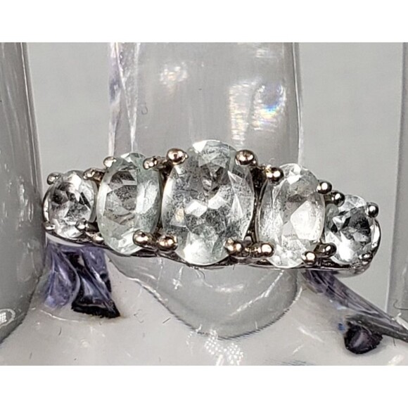 Vintage 5 Round Aquamarine Stones Signed STS 925 Ring Size 5 - Picture 5 of 16